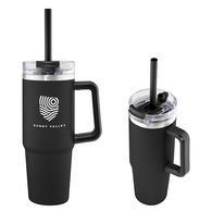 *NEW* 30 oz Stainless Steel Outer and Inner Vacuum-Insulated Tumbler with Straw and Drink-Thru Lid with Black PLASTIC Handle Fits in Cup Holders