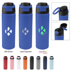24 oz Recycled Stainless Steel, Double-Wall Insulated, Powder-Coated Pop and Sip Bottle with Push-Button Lid and Carry Handle