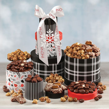 *NEW* Gift Tower Includes Cocoa-Dusted Truffles, Chocolate Almonds, Toffee and Caramel Corn in a Patterned Gift Box