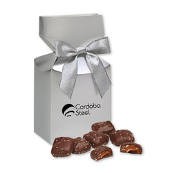 *NEW* Chocolate Sea Salt Caramels in a Silver Gift Box with Matching Ribbon