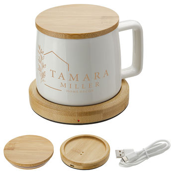 *NEW* 8 oz Ceramic Mug with USB-Powered Bamboo Mug Warmer Keeps Beverages Warm up to 131 Degrees