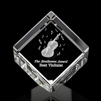 *NEW* 4.375" x 3.75" x 3.125" 3D Etched "Floating" Logo/Design Optical Crystal Corner Cube with Single Beveled Edge for Easy Display - MEDIUM