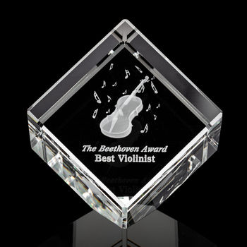 *NEW* 5.625" x 4.875" x 4" 3D Etched "Floating" Logo/Design Optical Crystal Corner Cube with Single Beveled Edge for Easy Display - LARGE