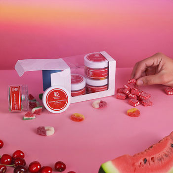 *NEW* Fruit Cocktail Candy Gift Set with Gummy Watermelon Wedges, Peach Rings, Sour Strawberry Bricks and Sour Cherry Rings in a Decorative Giftbox with a Clear Windowpane