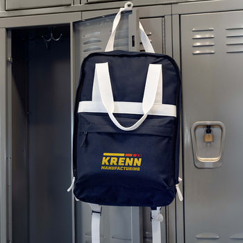 *NEW* Varsity-Style Backpack with Recycled Fabric, White Webbing Detail, Front Zip Pocket & Top Grab Handle - 1% of Sales Donated to Eco Nonprofits