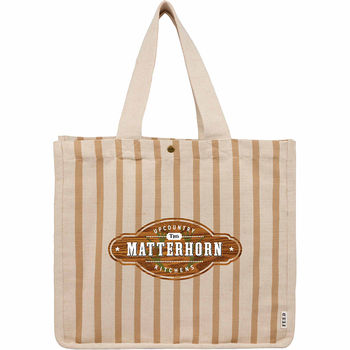 *NEW* 16&nbsp;x 14 x 7&nbsp;Durable Striped&nbsp;Cotton-Jute&nbsp;Tote with Brass Snap Closure - Through FEED&reg; Your Purchase Provides 5 School Meals to Kids Around the World