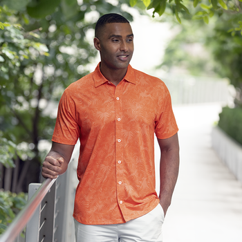 *NEW* Men's Silky Smooth Tonal Palm Print Full-Button-Down Polo with Moisture-Wicking Comfort & UPF 50+ Protectionn