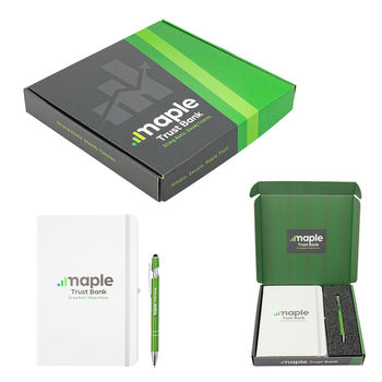 *NEW* 5" x 8" Recycled Cover Journal and Stylus Pen Nestled in Foam Inserts Inside a Custom Mailer Box is Perfect as a Pre-Event Mailer