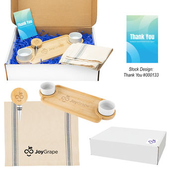 *NEW* Gourmet Hosting Gift Set Includes Bamboo Serving Tray and Bowls, Tea Towel and Bamboo Wine Stopper with Bottle Opener In a Ready-To-Ship Box with Crinkle and Insert Card