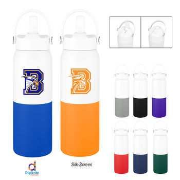 *NEW* 26 oz Two-Tone Vacuum-Insulated Recycled Stainless-Steel Bottle with Flip-Up Straw and Carry Handle is Perfect for Matching School or Company Colors